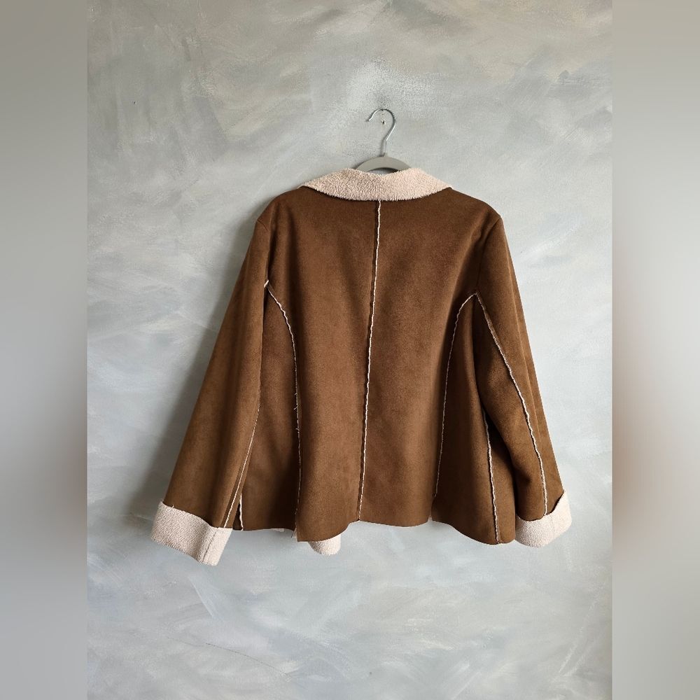 J Jill Jacket Faux Suede Shearling Button Jacket Parka Lightweight Sz XL Brown - Picture 12 of 12